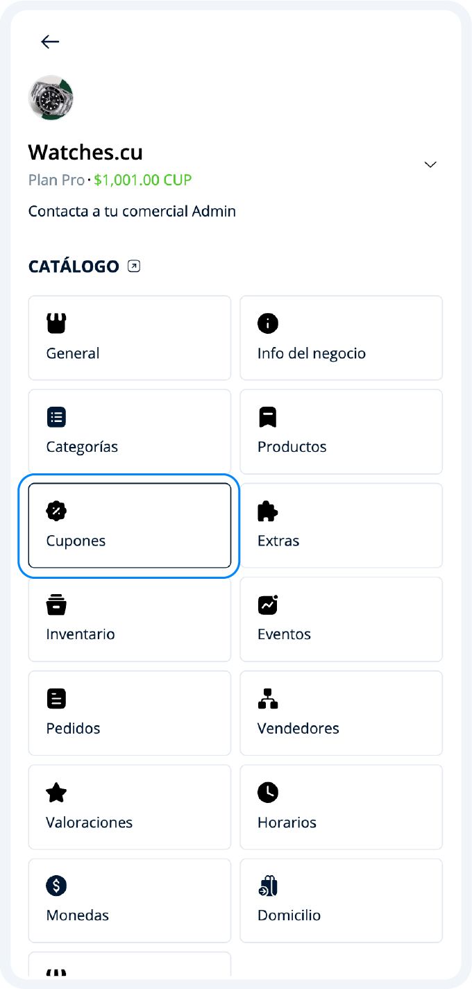 Sección Cupones en el menú
