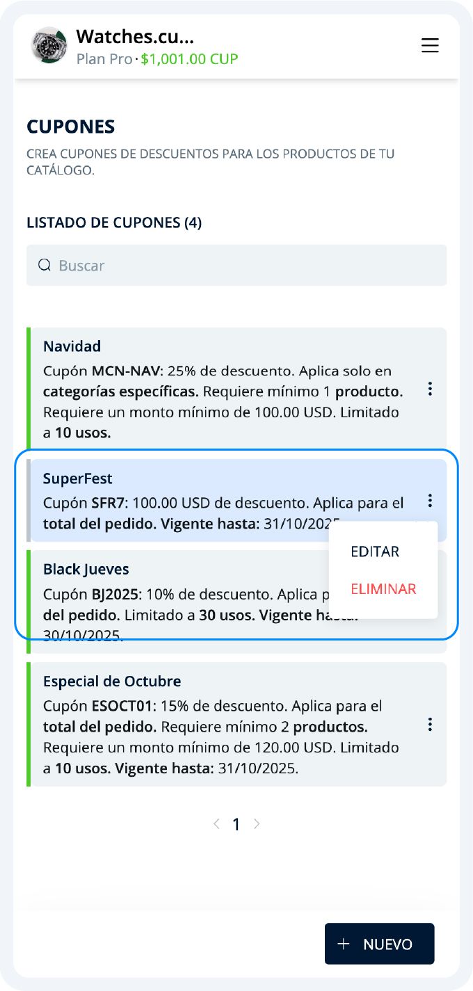 Acciones rápidas del cupón