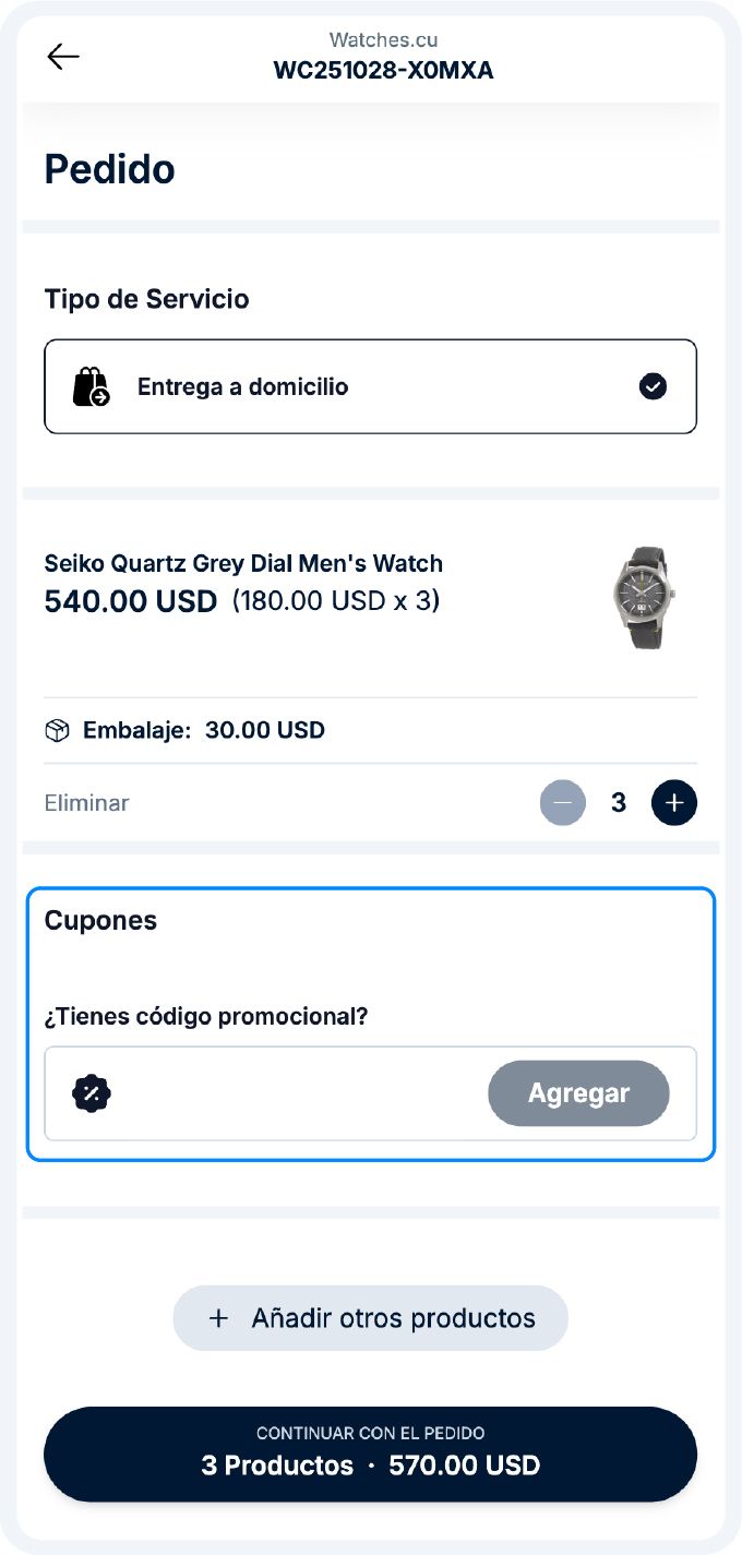 Sección de cupones en el pedido