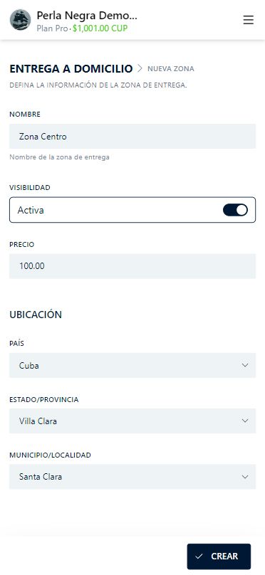 Formulario crear zona de entrega