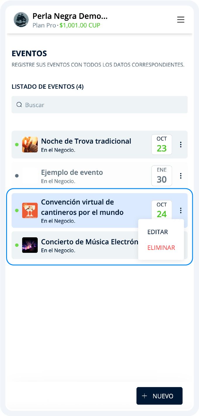 Opciones rápidas de evento
