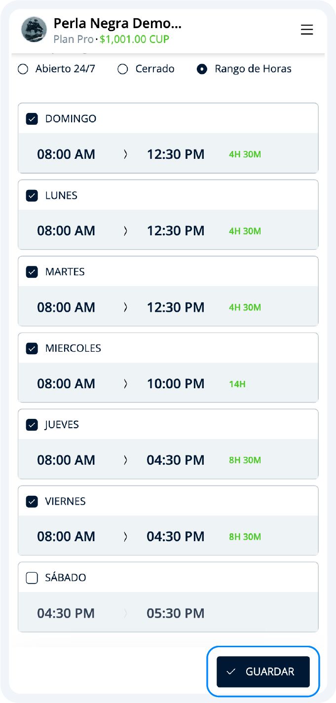 Opciones de horarios
