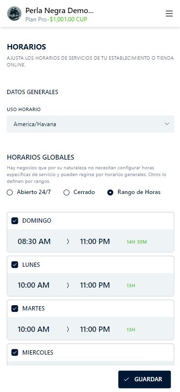 Opciones de horarios