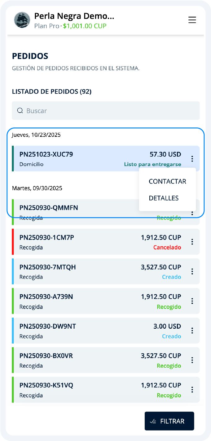 Acciones Rápidas del pedido