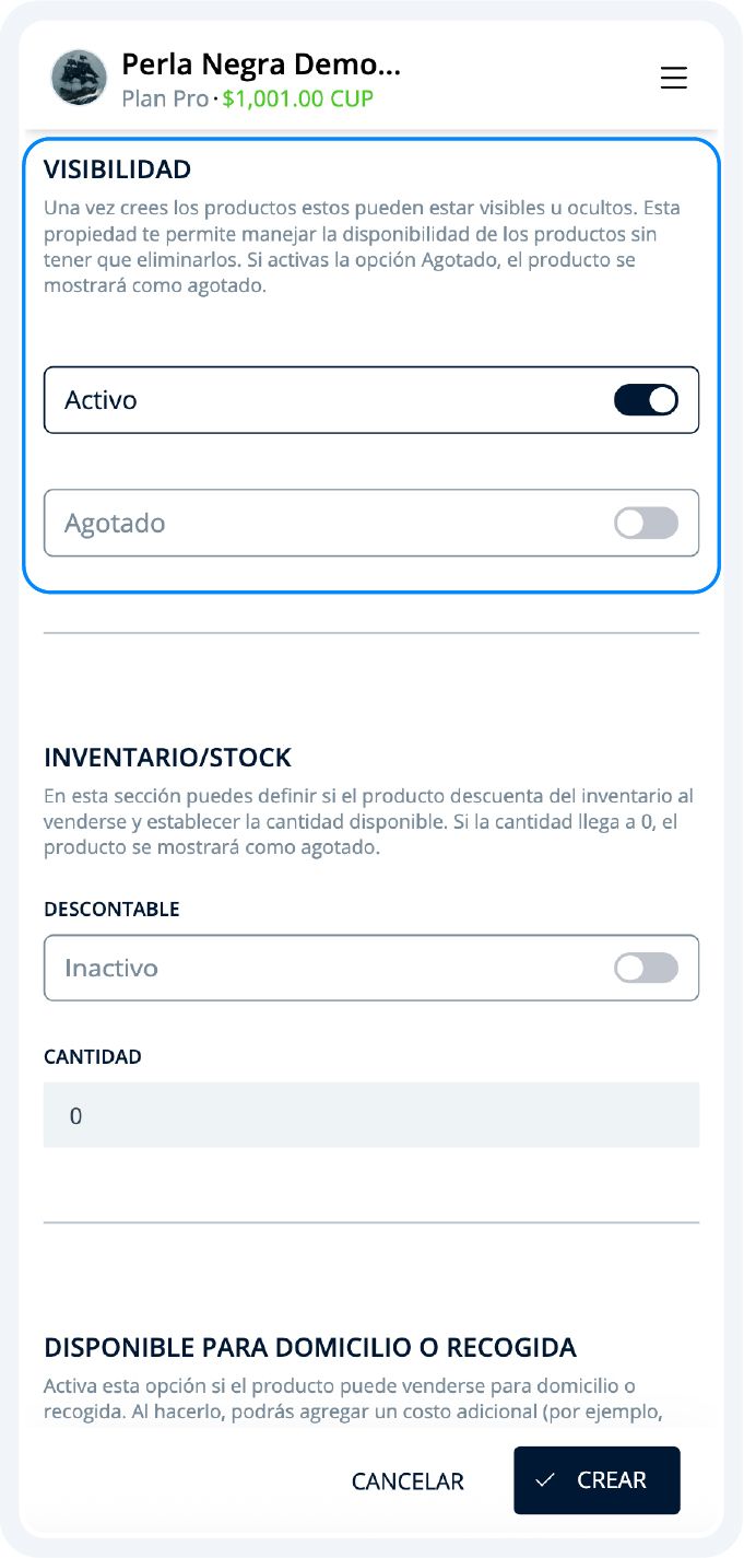 Ejemplo de producto deshabilitado