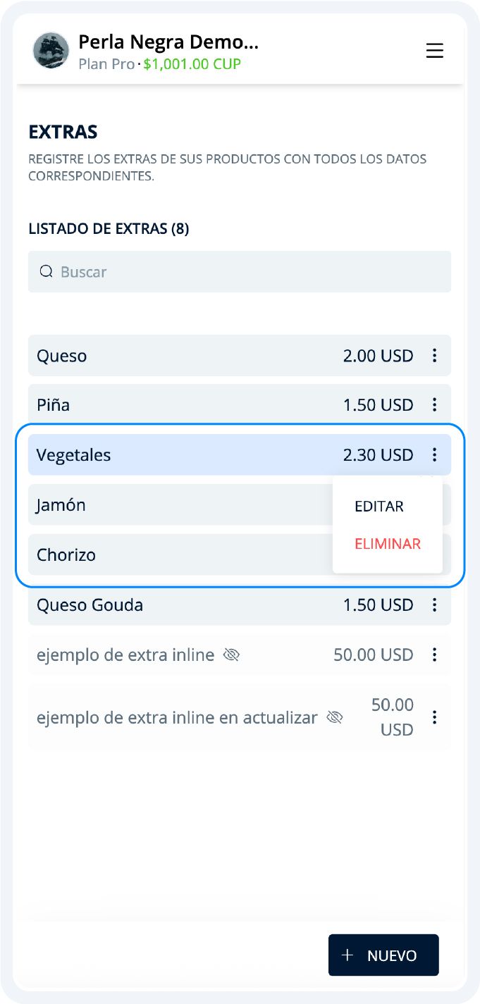 Ejemplo del listado de extras