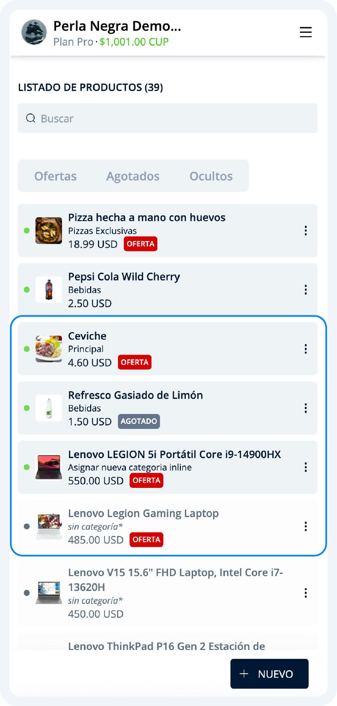 Ejemplo del listado de productos