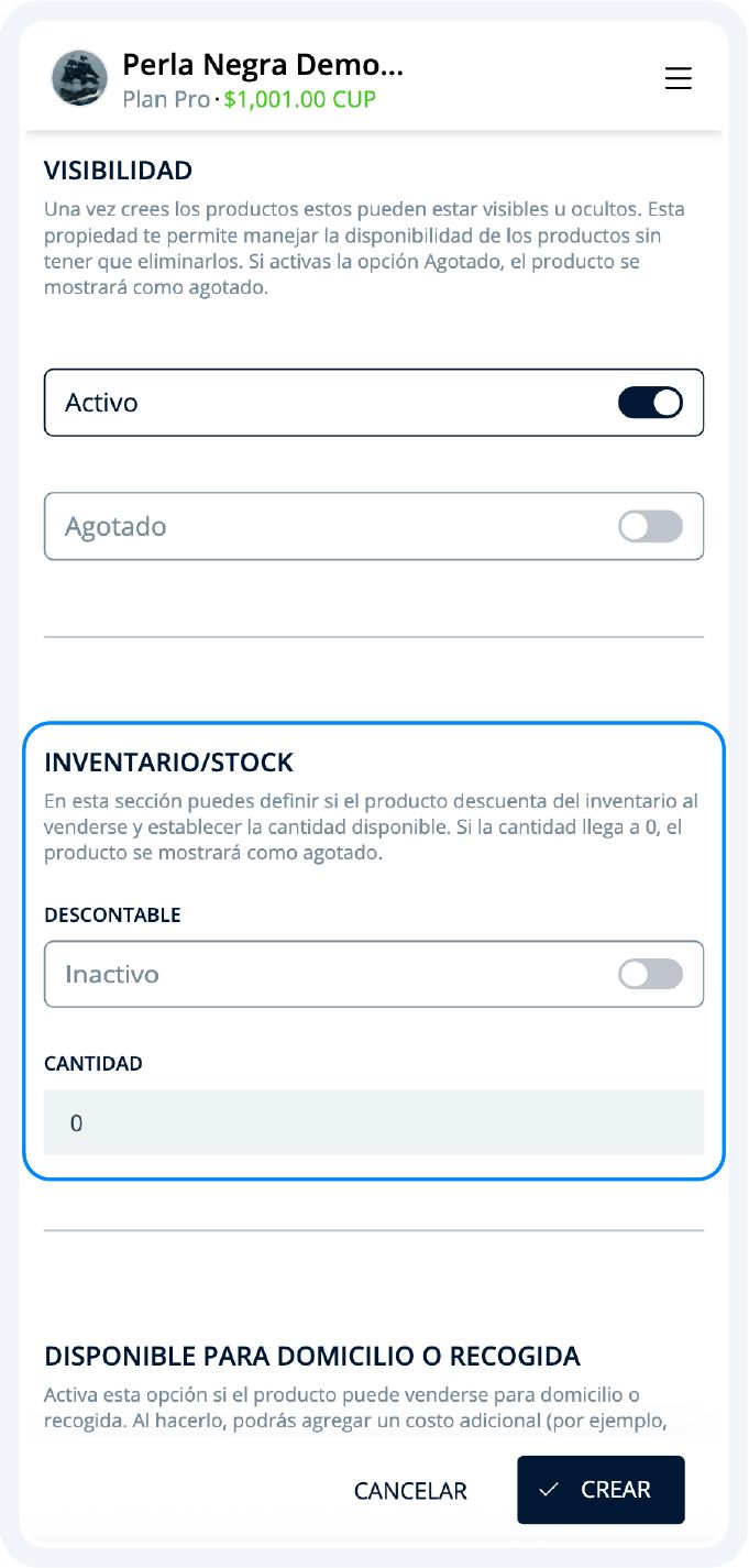Editar cantidad o disponibilidad de producto
