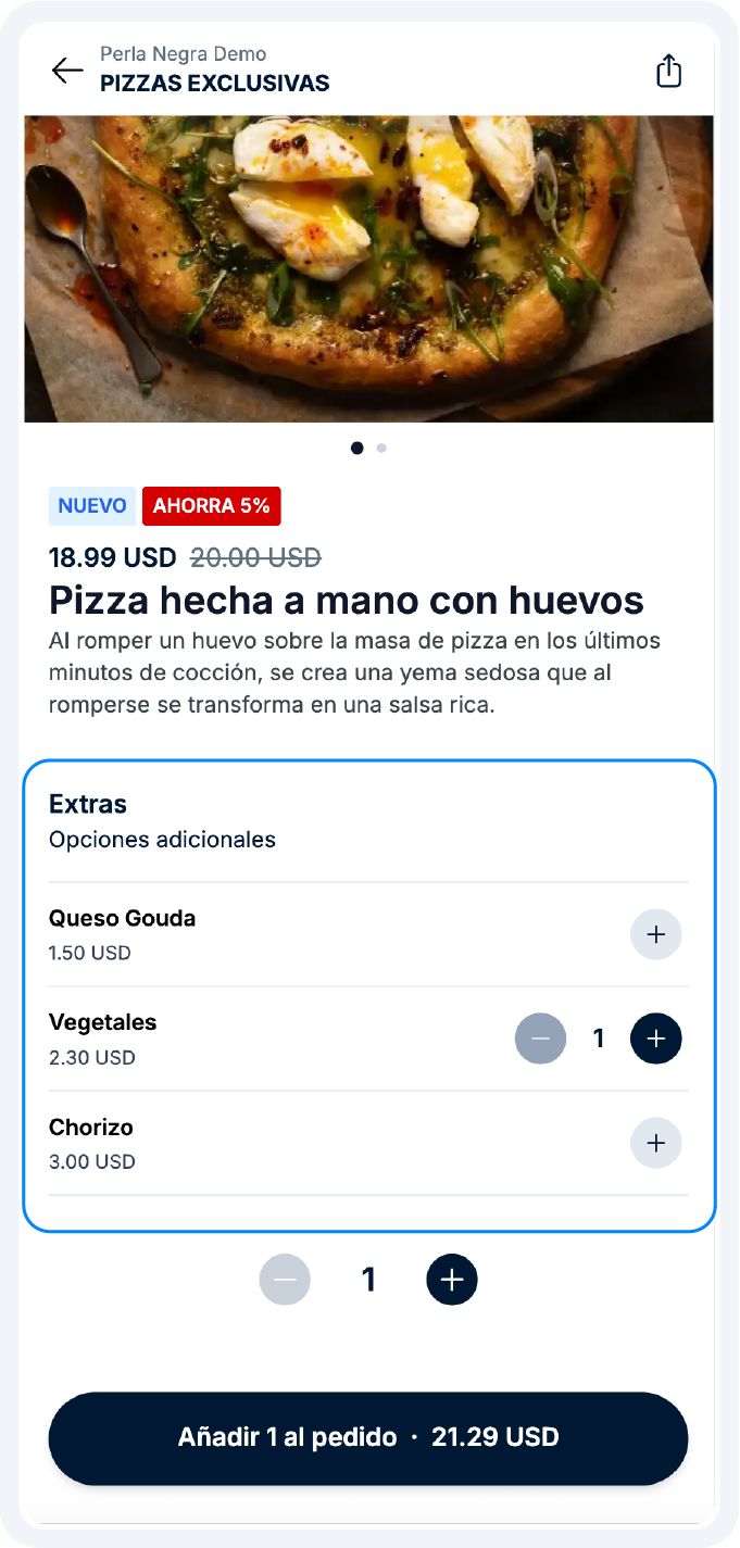 Ejemplo de extra, pizza con agrego