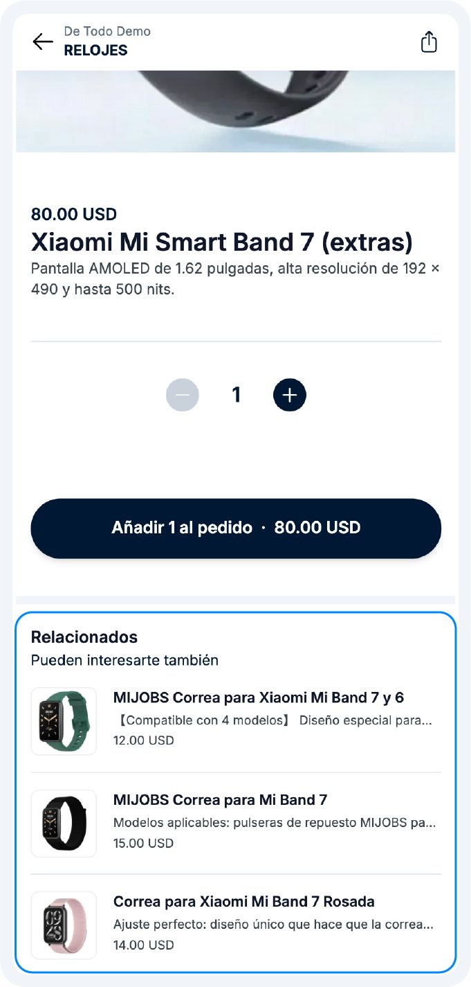 Ejemplo de producto relacionado, Mi band y correas