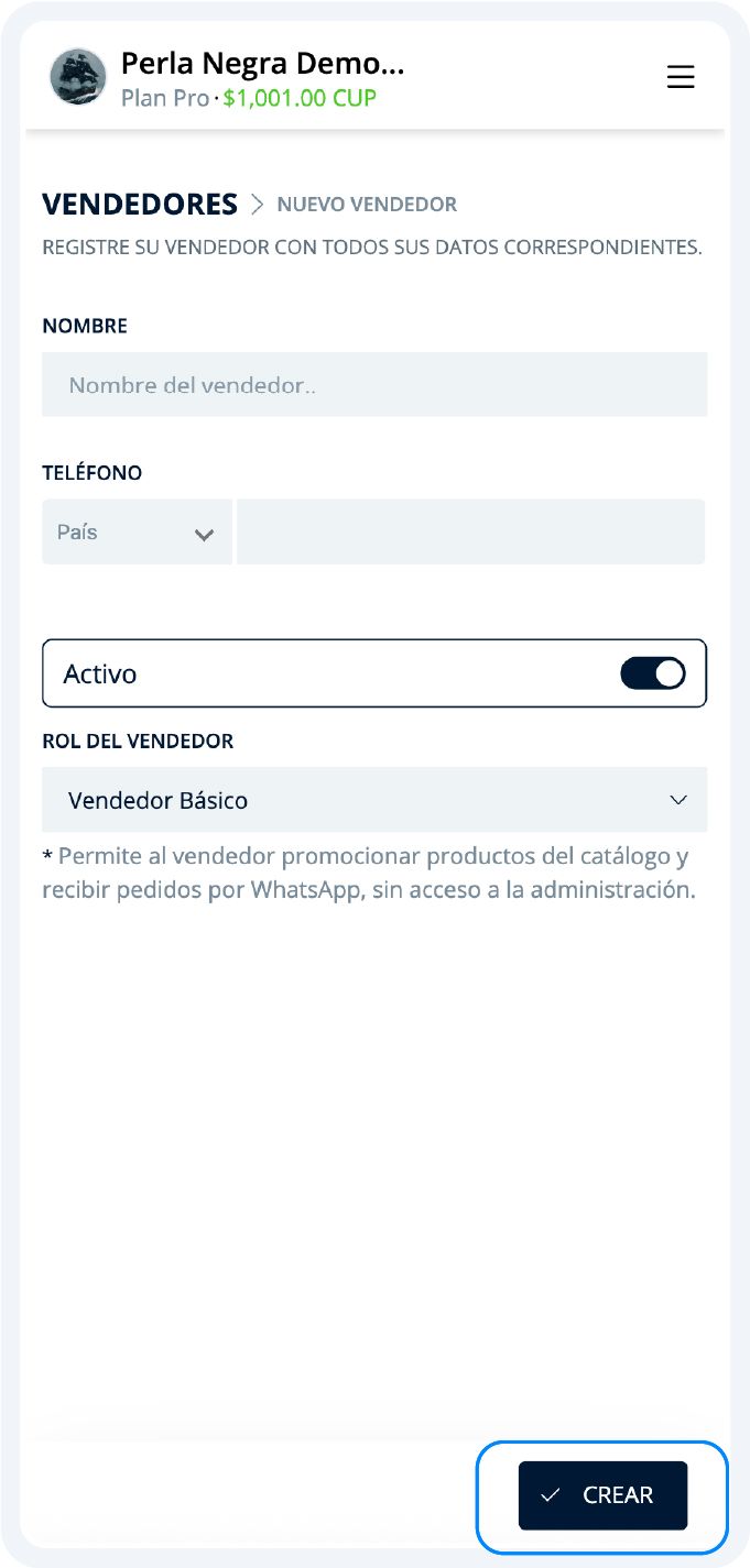 Formulario crear vendedor