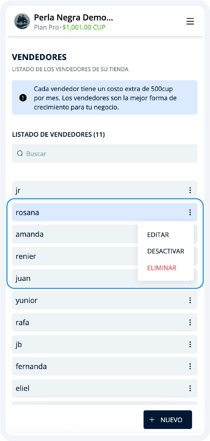 Ejemplo del listado de vendedores