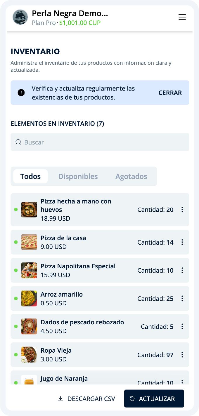 Lista de productos en inventario