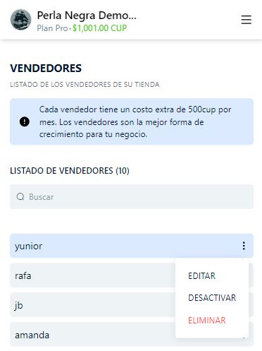 Ejemplo del listado de vendedores